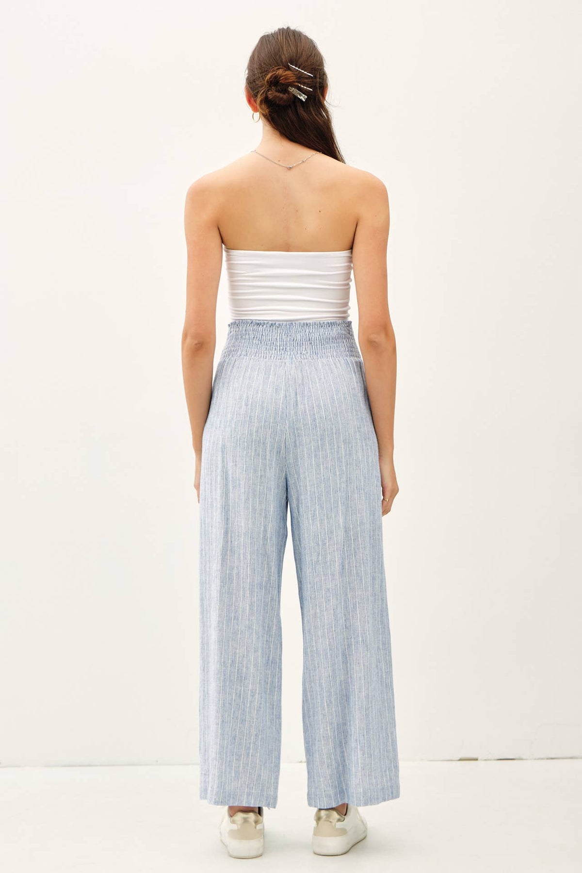 STRIPED LINEN BLEND WIDE LEG PANTS