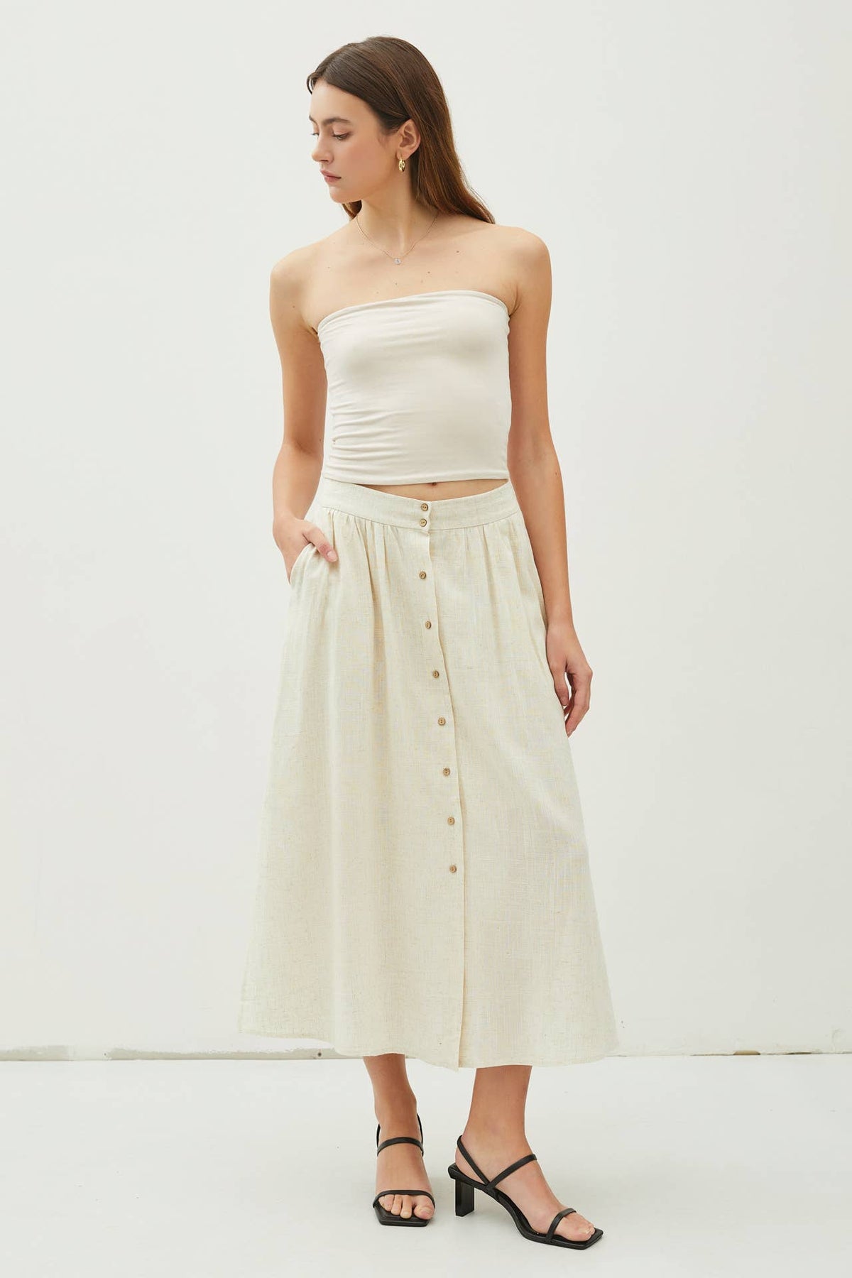 LINEN BLEND BUTTON FRONT MIDI SKIRT