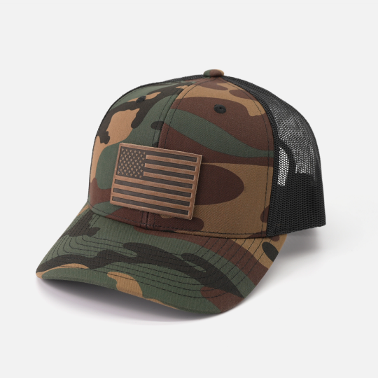 American Flag Hat - Leather Patch Trucker Snapback