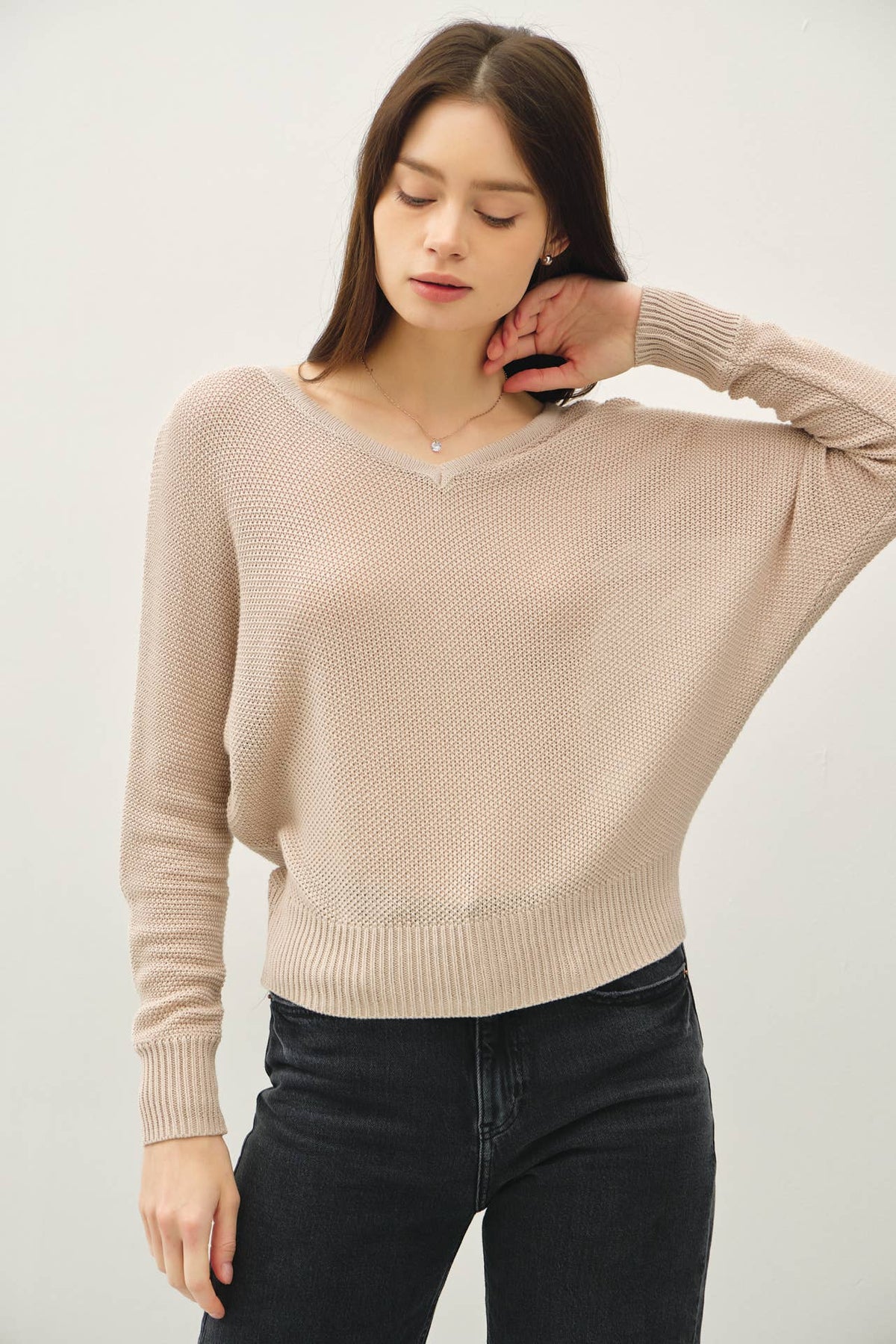 DOUBLE V-NECK BACK BUTTON  DOWN SWEATER