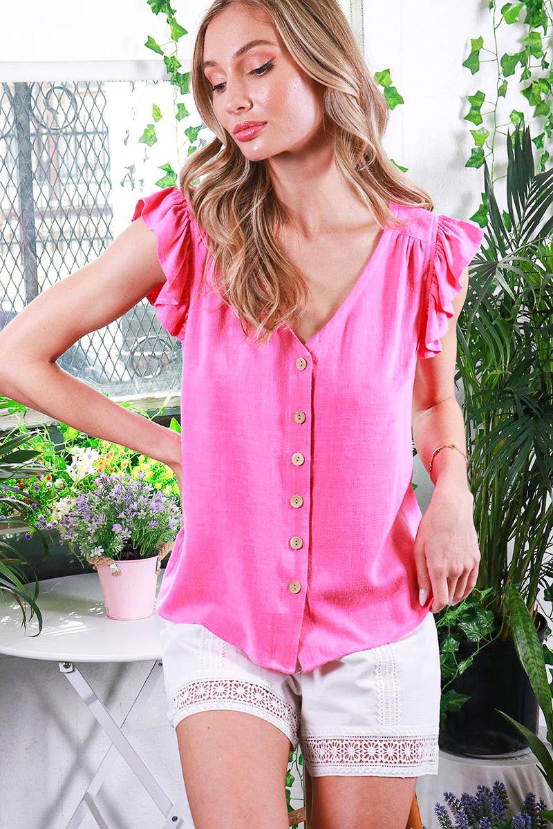 V-Neck Ruffle Sleeve Cotton Linen Blouse Top VT81688