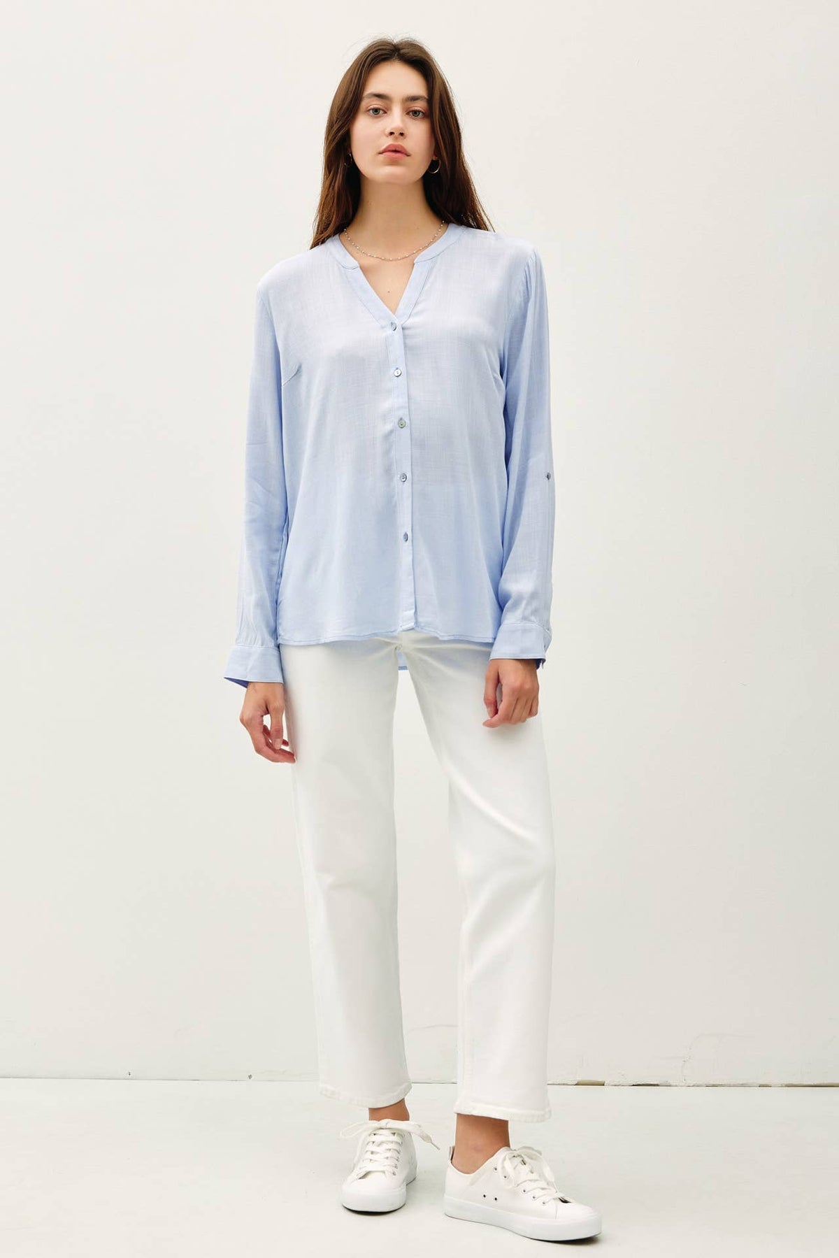 V-NECK MANDARIN COLLAR BUTTON DOWN SHIRT