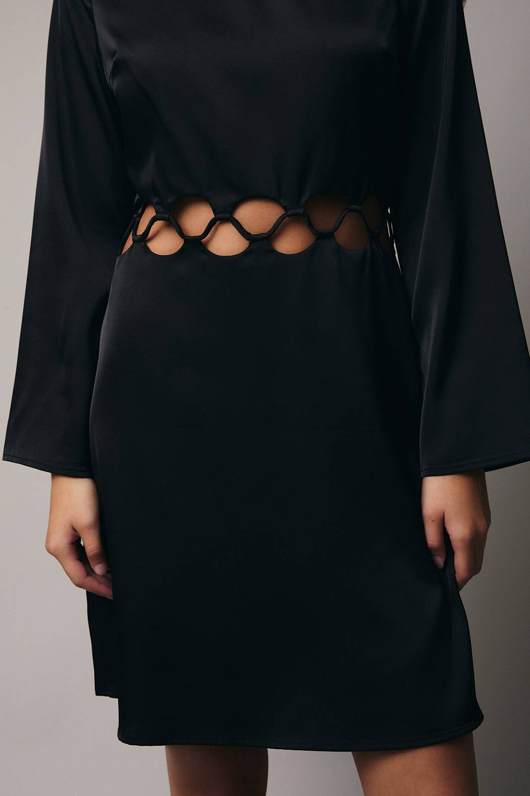 BOAT NECK LONG BELL SLEEVE CUT OUT DETAIL DRESS