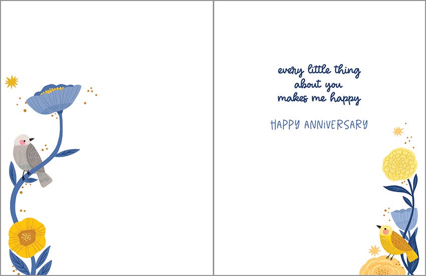 Anniversary Greeting Card - Gold Bird and Blue Flowers