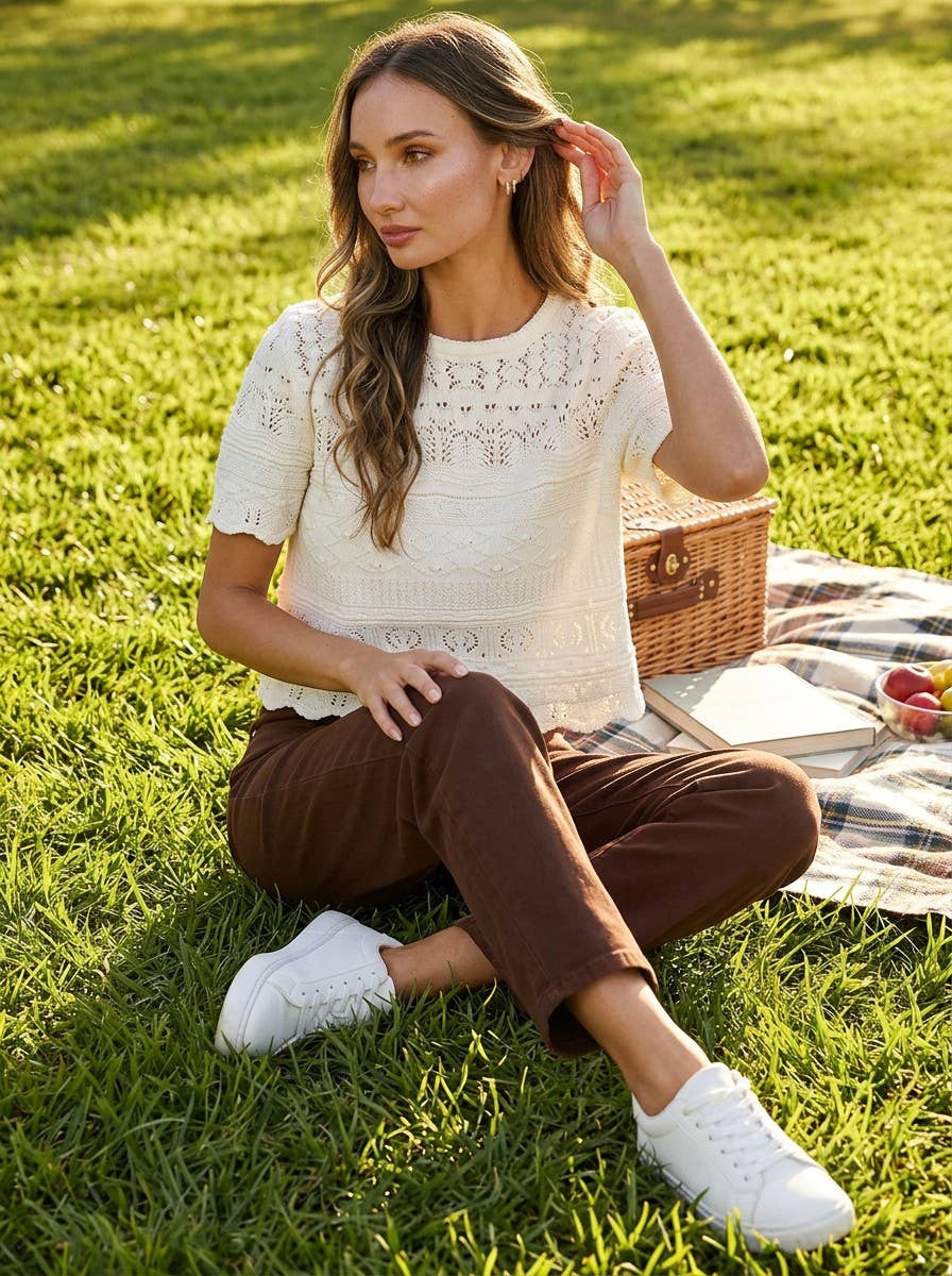 Textured 100% Cotton Crochet Casual Knitted Sweater VT82922