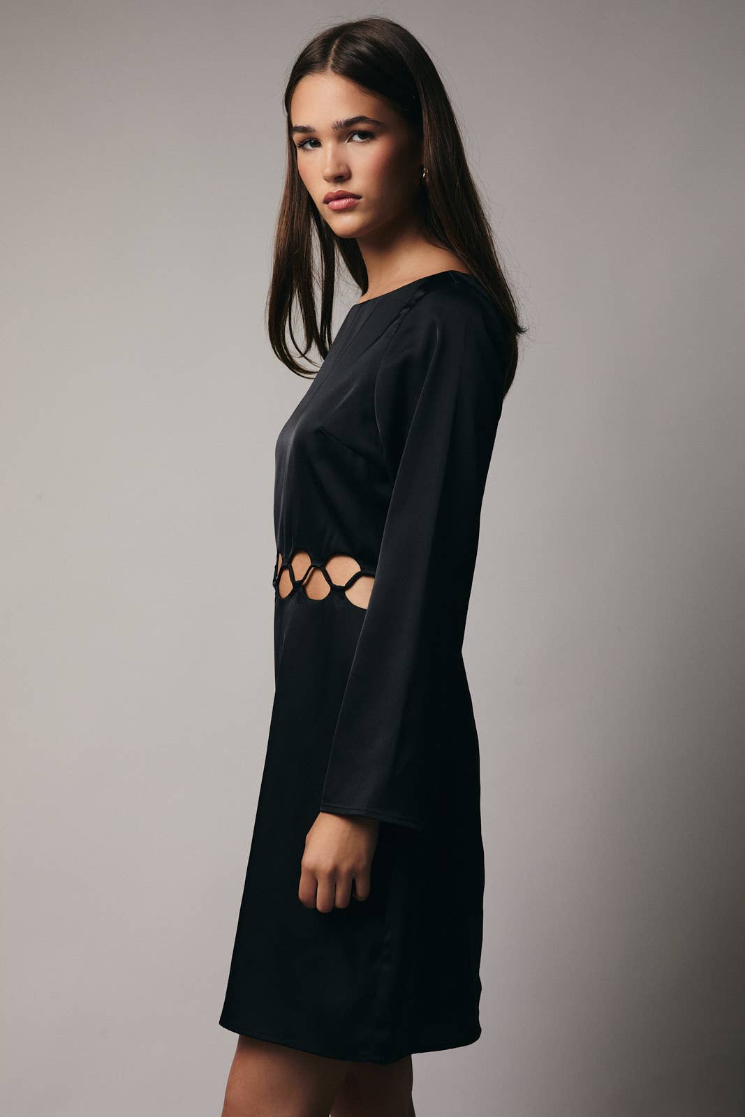BOAT NECK LONG BELL SLEEVE CUT OUT DETAIL DRESS