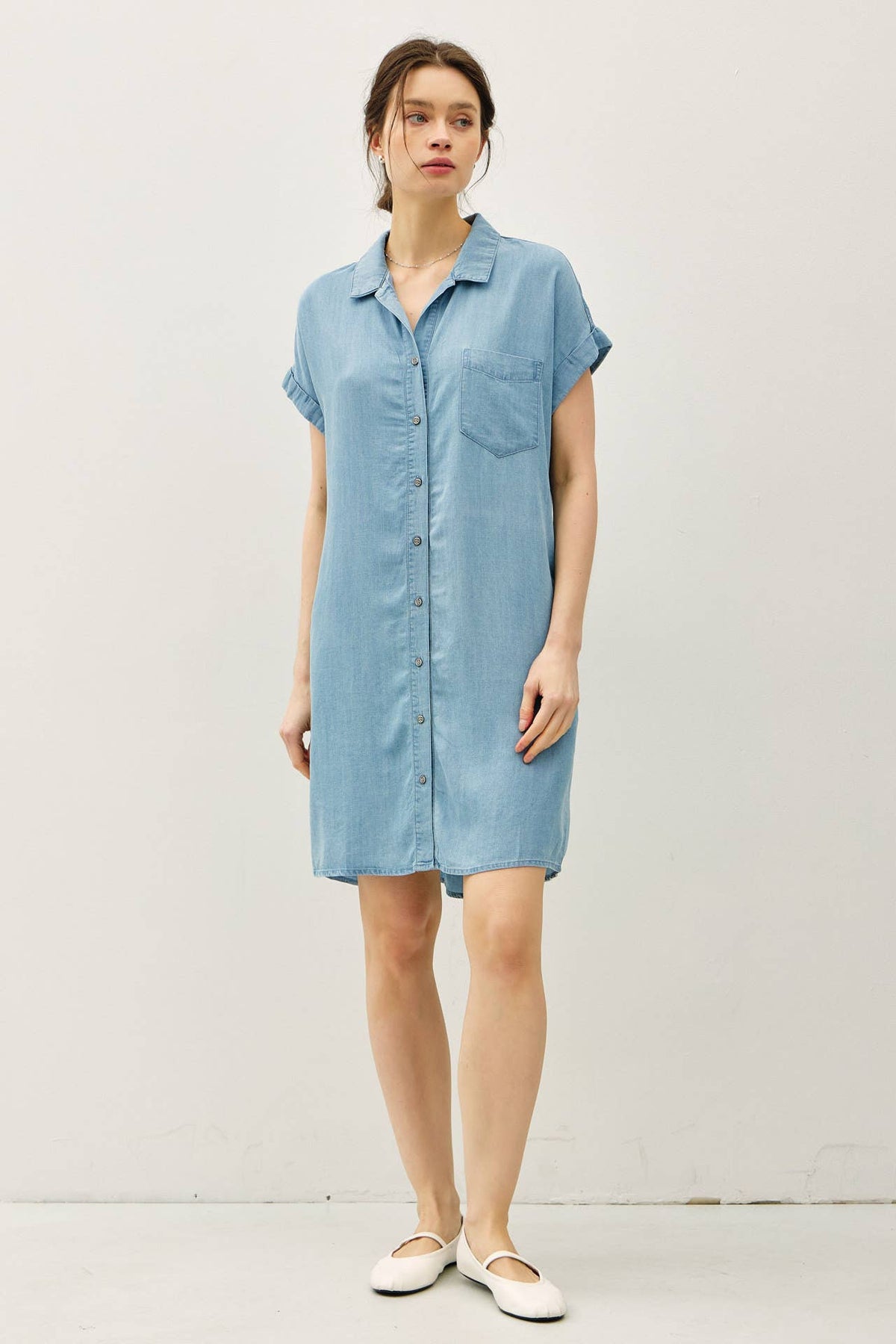 DENIM WASH BUTTON DOWN TENCEL DRESS