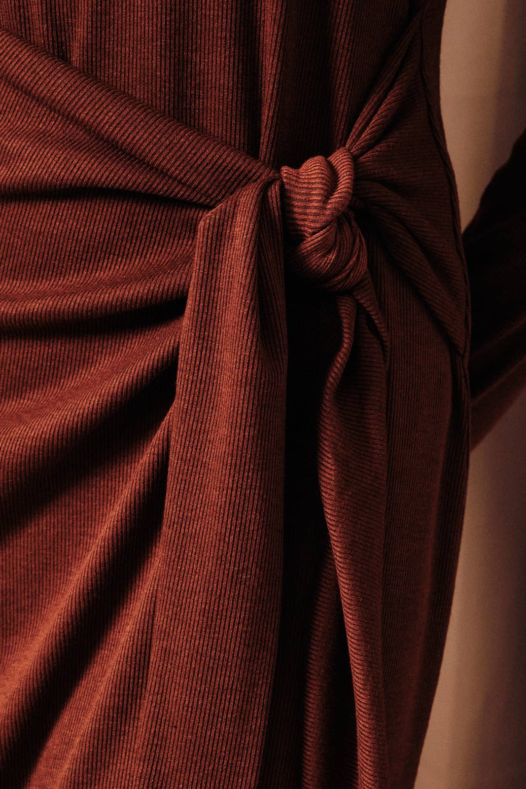 Crew Neck Long Sleeve Ribbed Side Tie Wrap Mini Dress