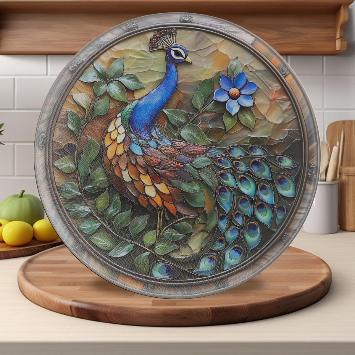 Tempered Glass Charcuterie Tray: Peacock Cutting Board