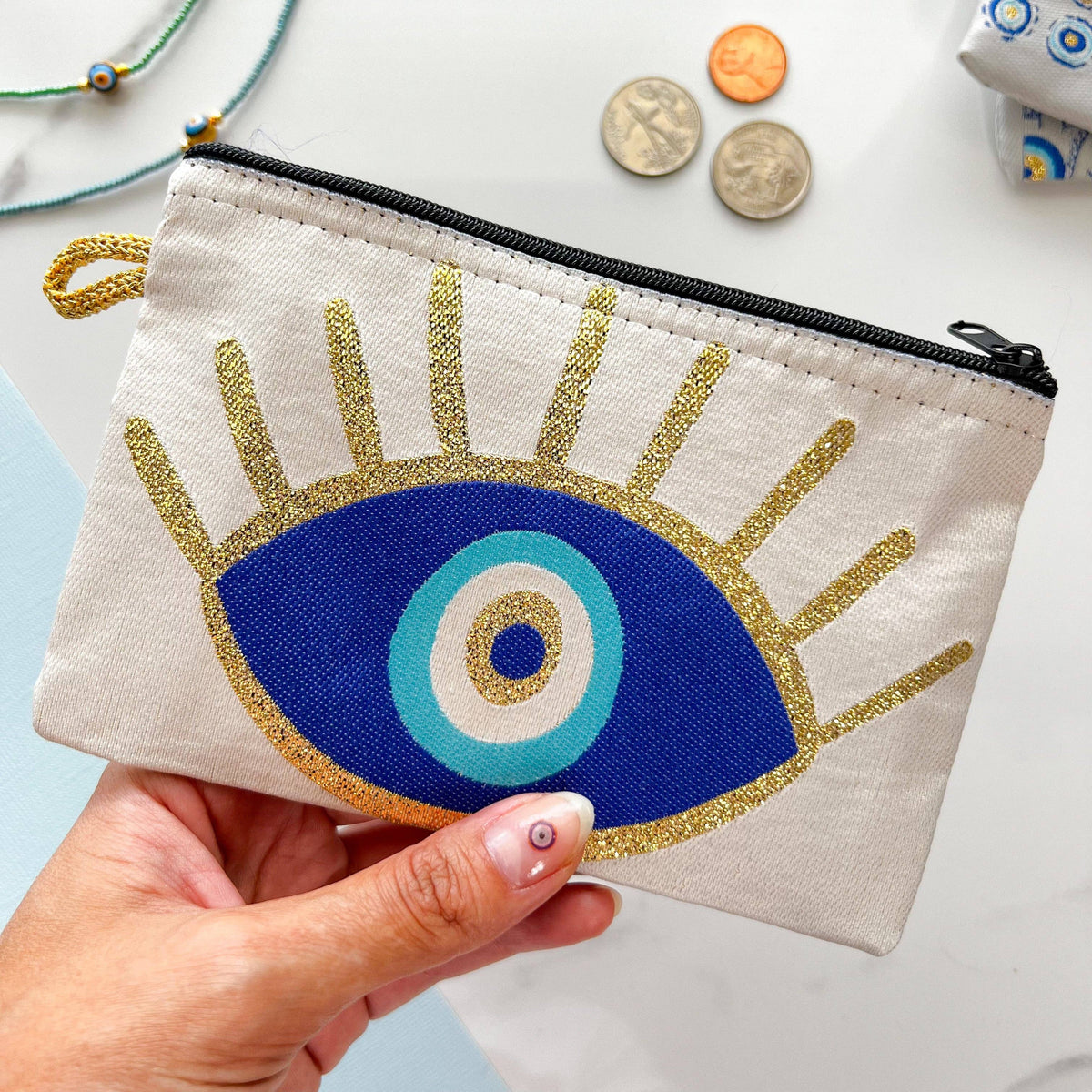 Evil Eye Coin Purse, Boho Zipper Pouch, Handmade Coin Purse