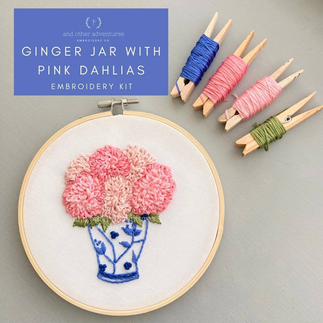 Embroidery Kit - Ginger Jar with Pink Dahlias - Intermediate
