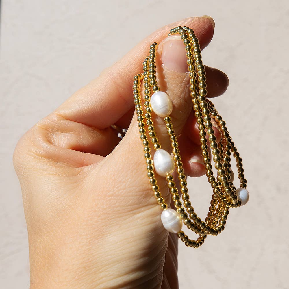 Gilded Gold Beaded Stretch Bracelets, Uno, Pearl