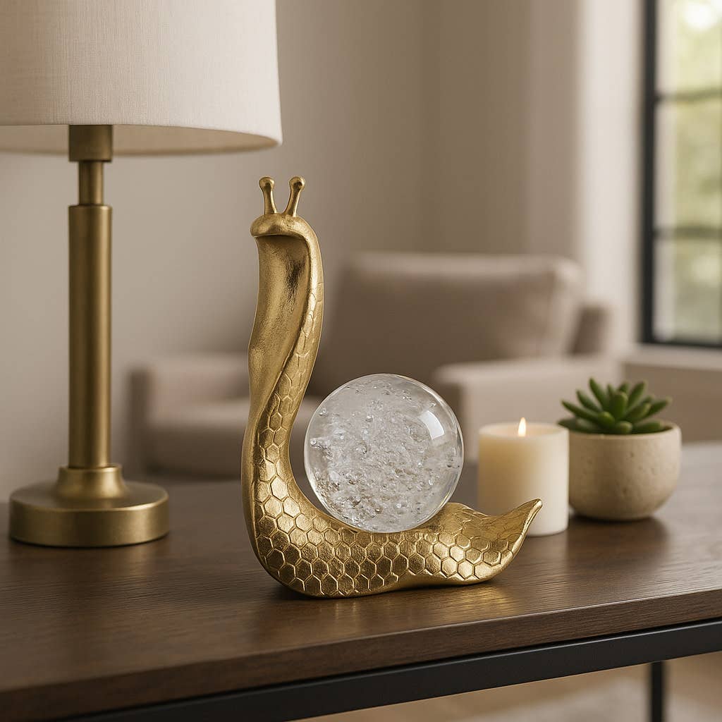 Decorative Figurine - Gold Resin Snail Glass Ball, 8 in.