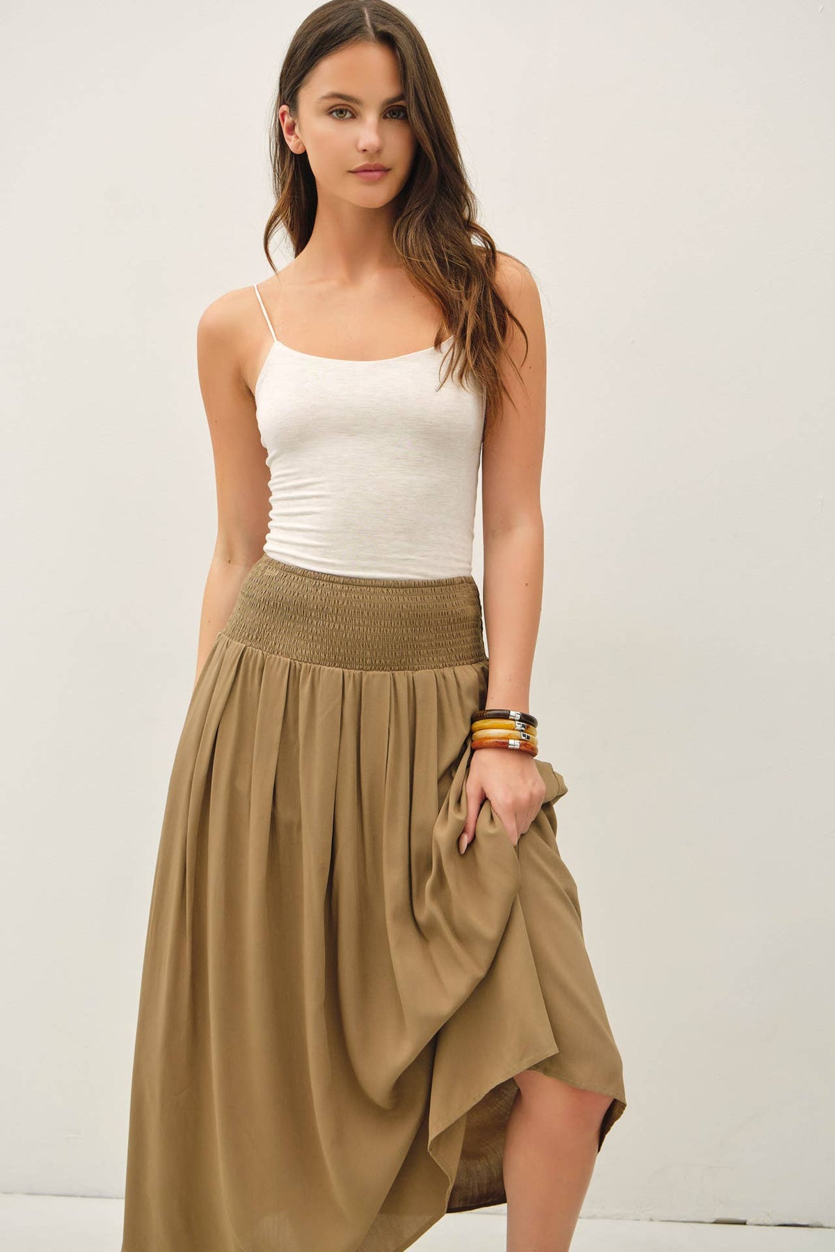 SMOCKED WAIST CIRCLE FULL SKIRT