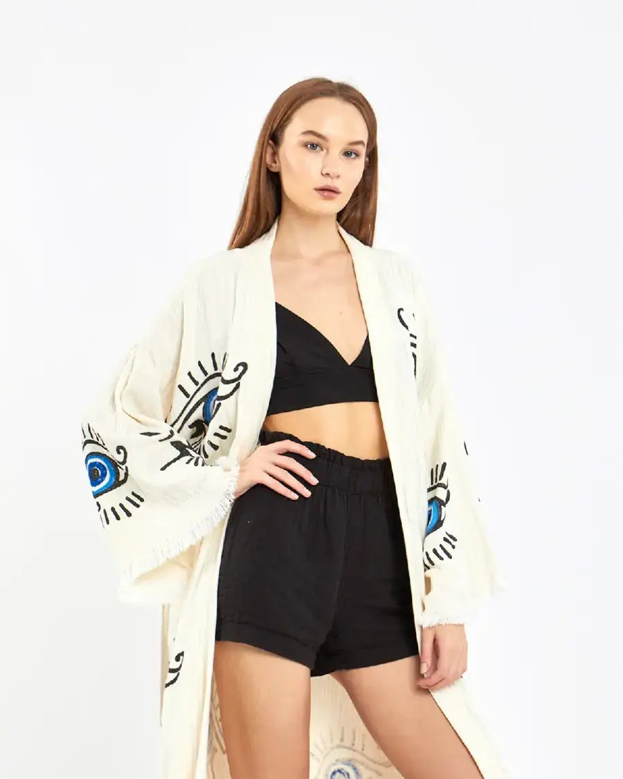Long Evil Eye Kimono, Cotton Kimono, Evil Eye Robe, Kaftan