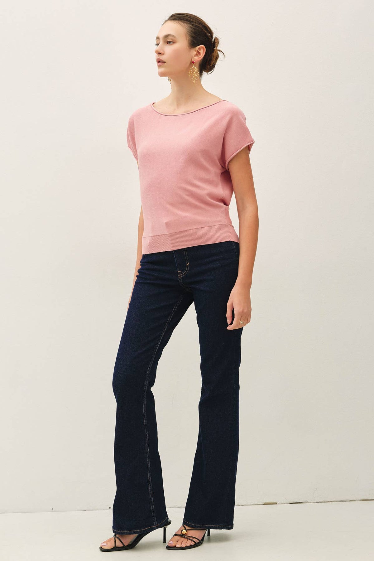 BOAT NECK CAP SLEEVE FINE SWEATER TOP