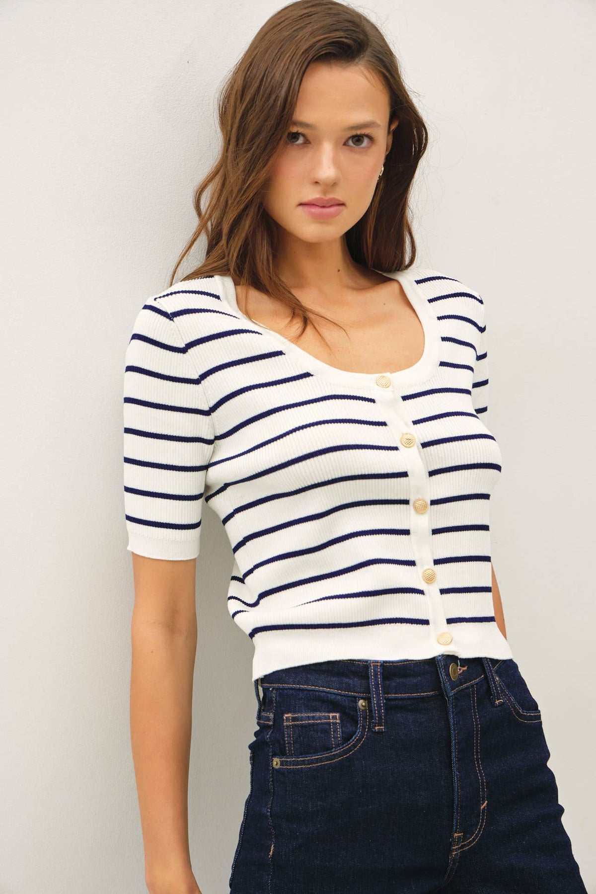 STRIPED SHORT SLEEVE CARDIGAN