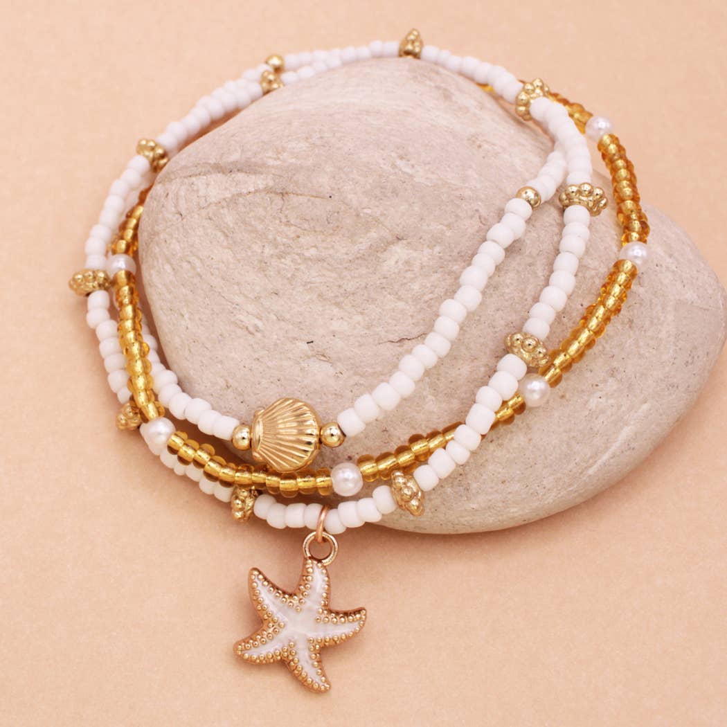 Sandy Beach Starfish Charm Bead Anklet Set