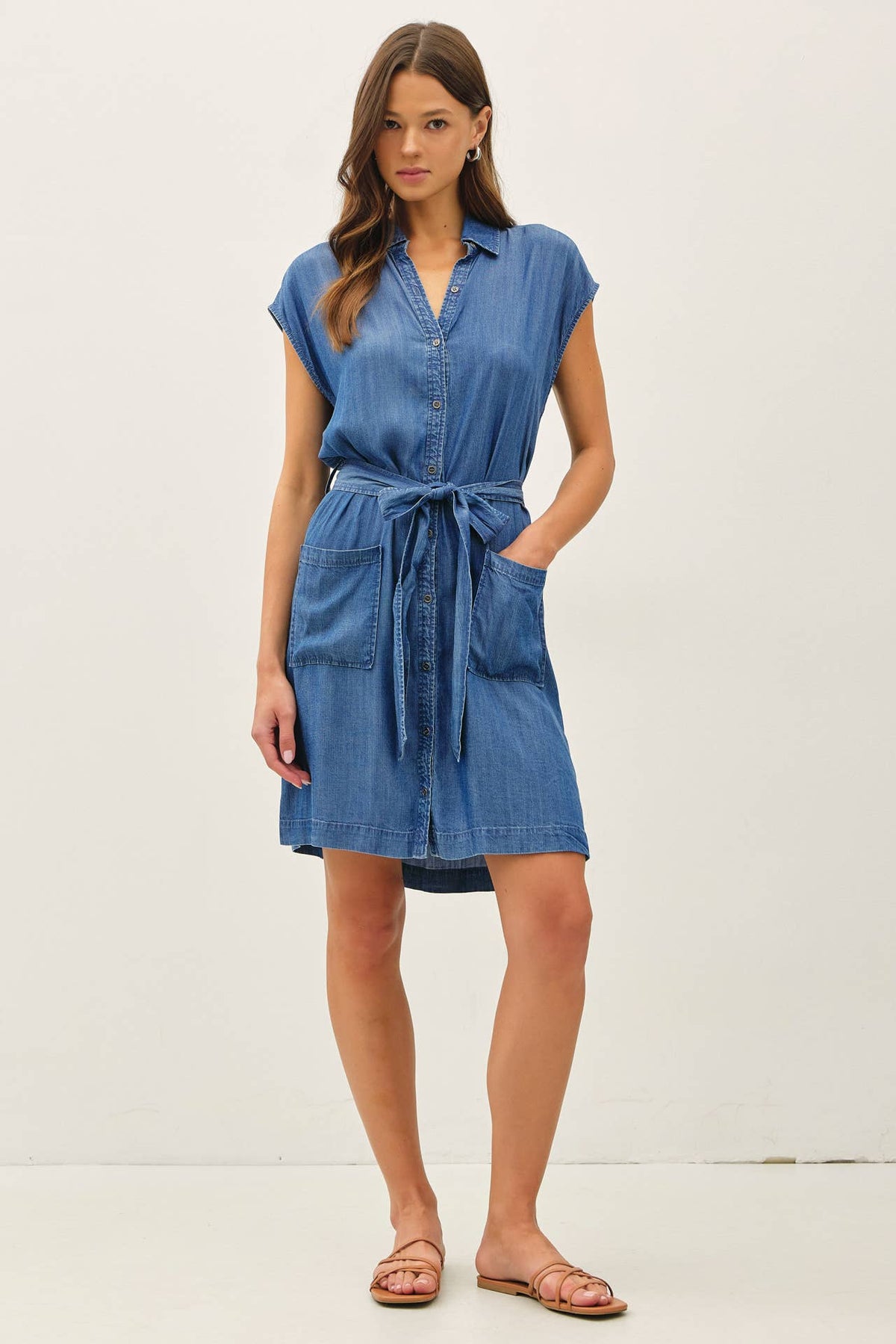 TENCEL BUTTON UP DRESS WITH POCKETS