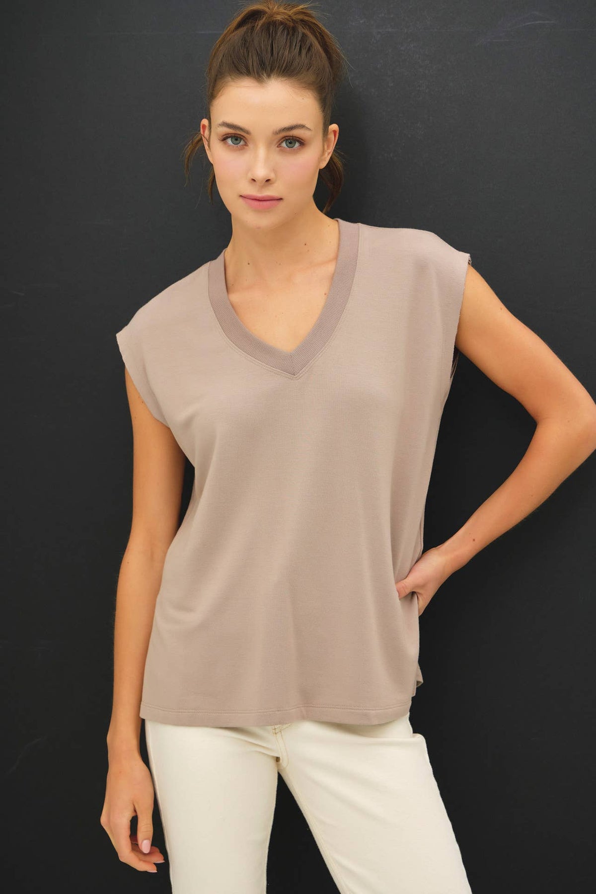MODAL BUTTERY DOLMAN SLEEVE V NECK TOP