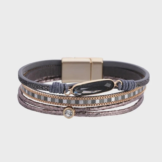 Crystal Magnetic Buckle Leather Bracelet - 2 Colors
