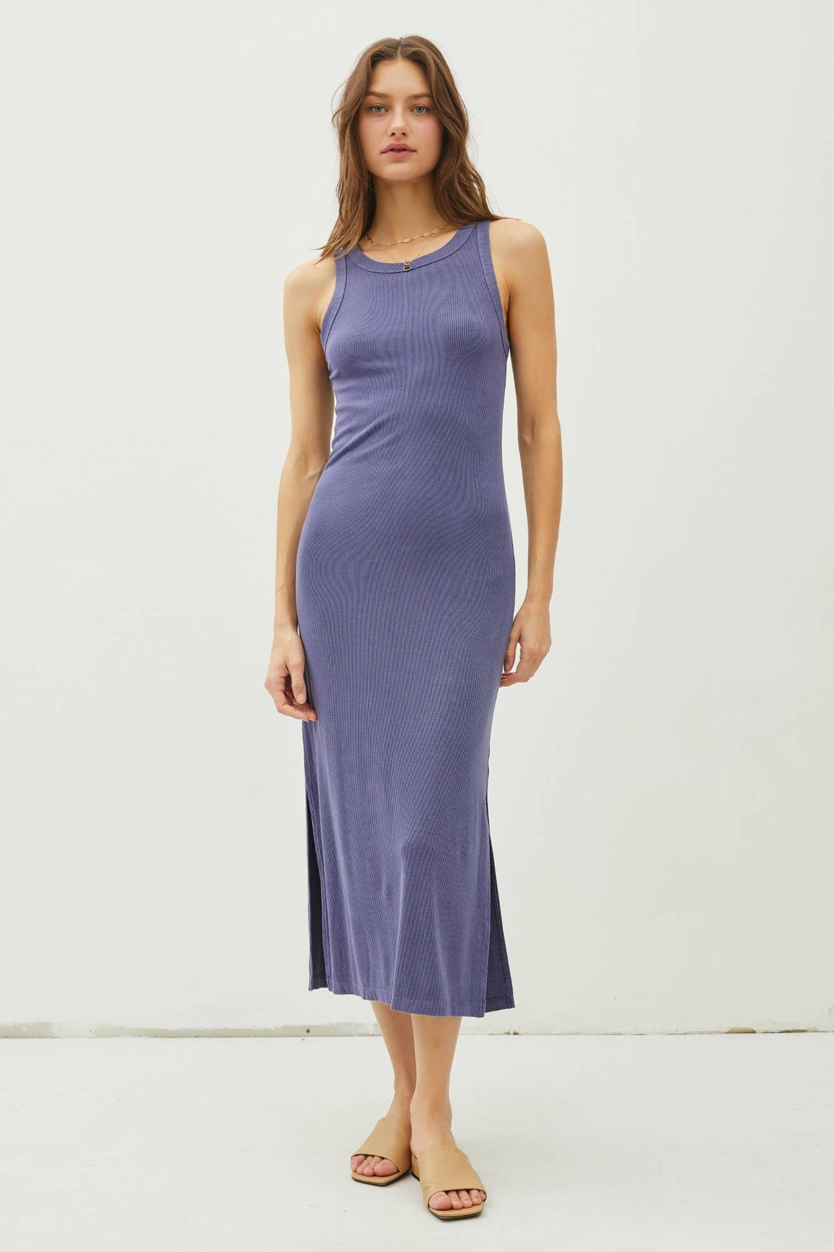 RIBBED KNIT SIDE SLIT SLEEVELESS TANK MIDI DRESS