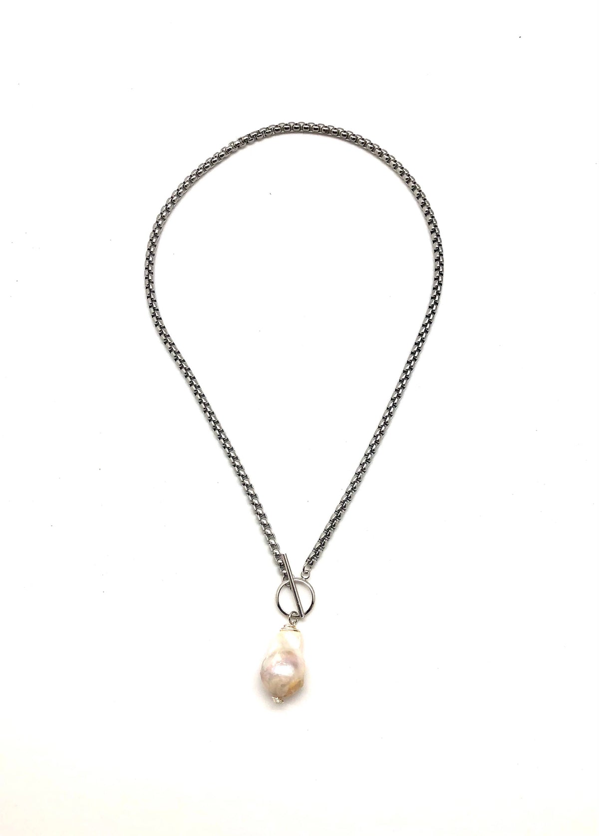 Necklace Stainless Steel Chain w/Toggle &Baroque Pearl 18”