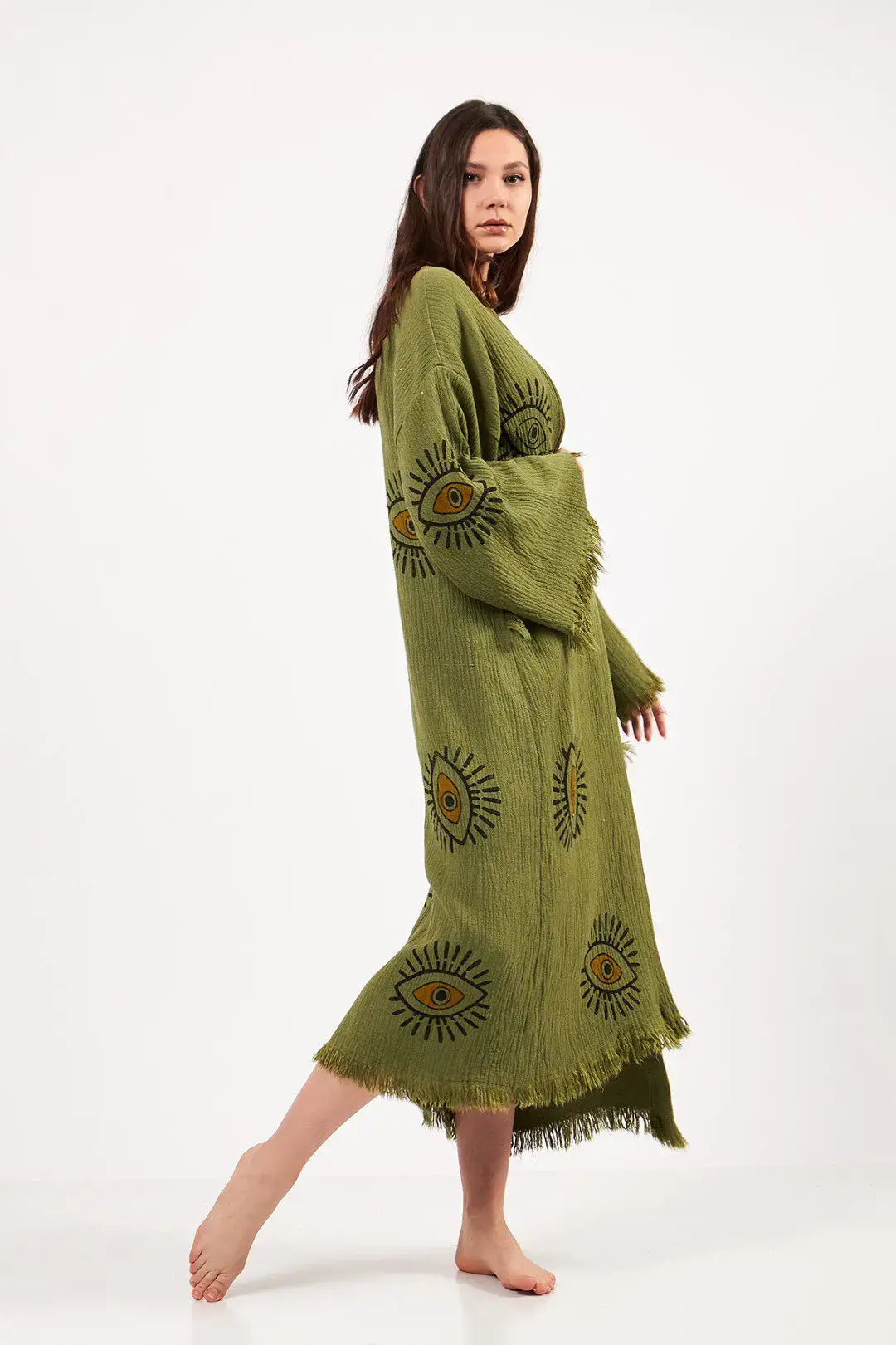 Green Evil Eye Kimono, Cotton Kaftan Kimono, Evil Eye Robes