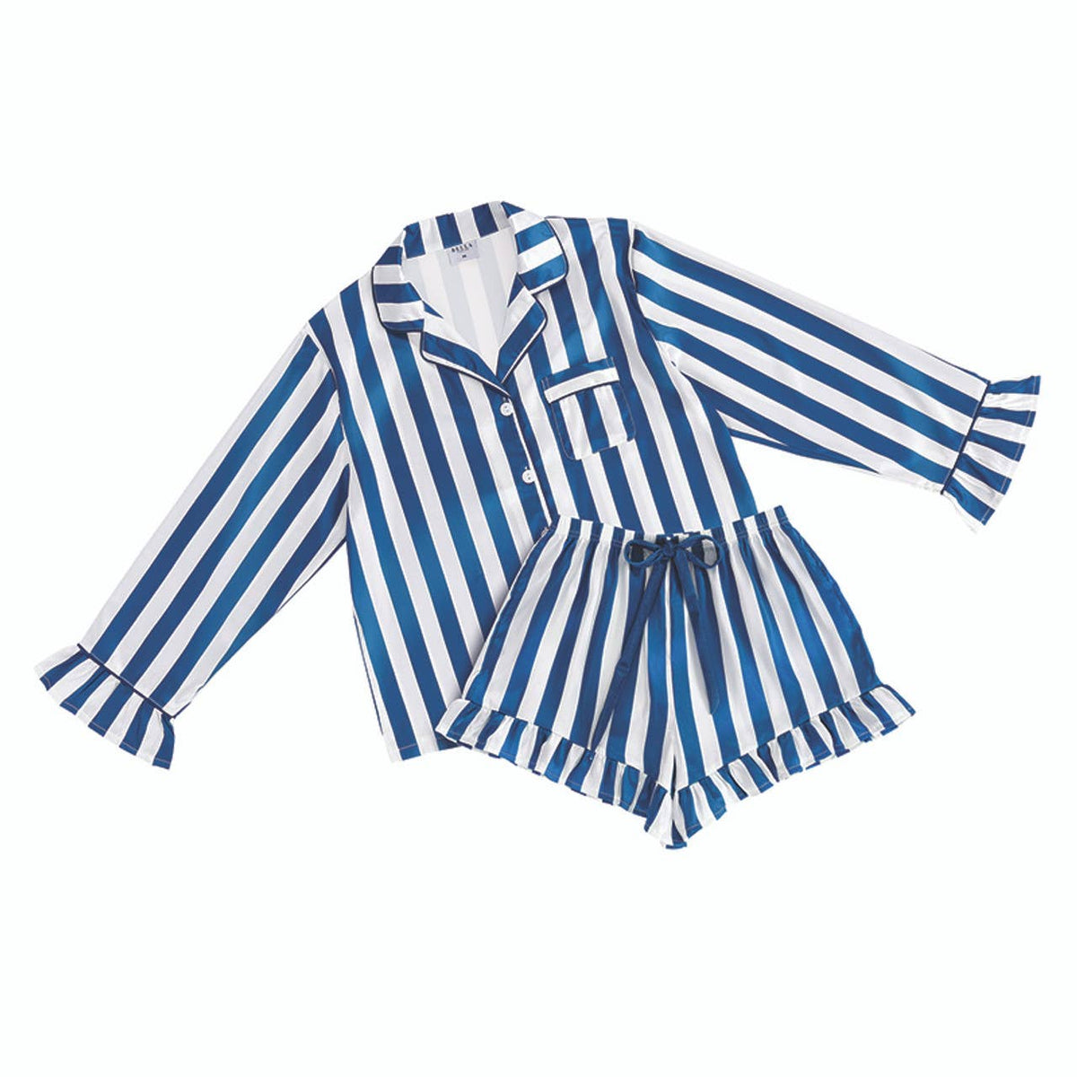 Ruffle Short PJ Set With Velvet Tie - Blue Stripe