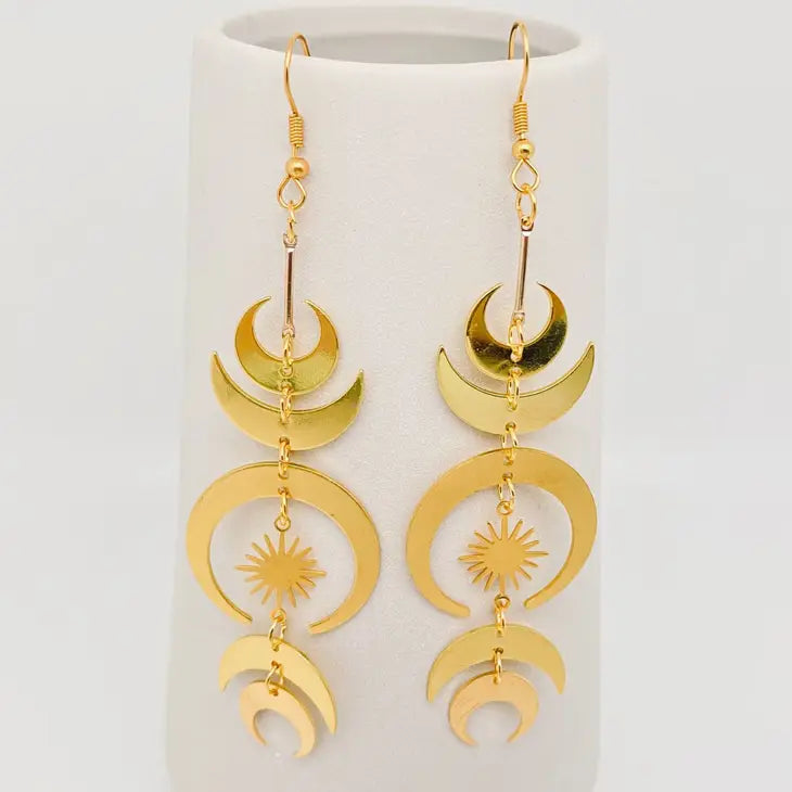 Golden Multi Moon Star Pendant Long Earrings