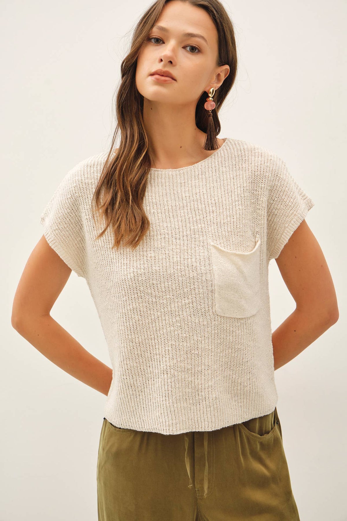 PATCH POCKET DOLMAN CAP SLEEVE BOXY KNIT