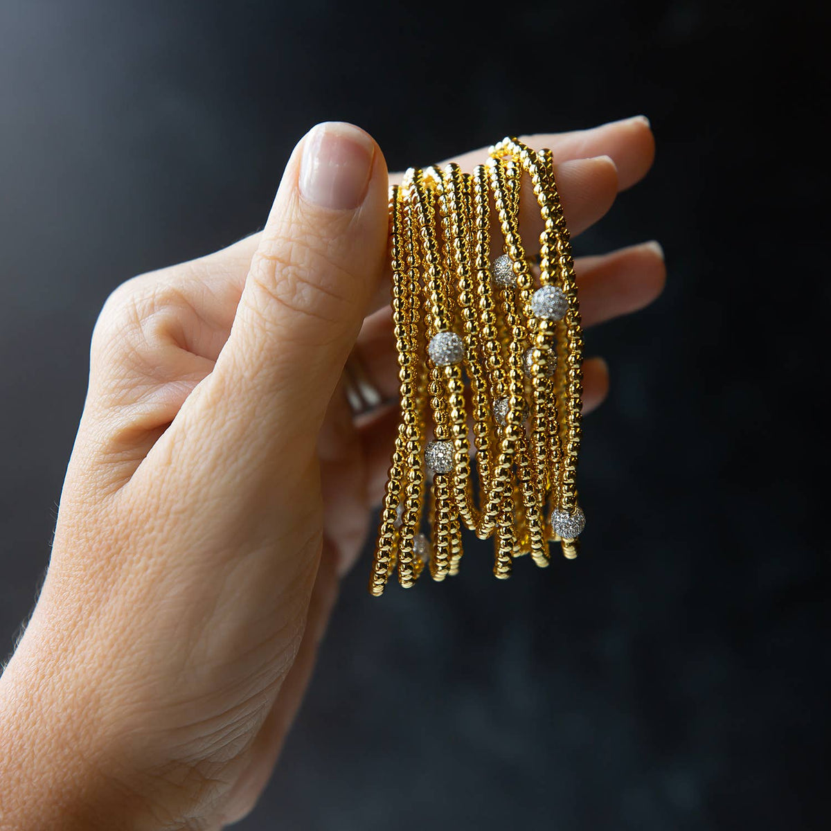 Gold Beaded Bracelets-Uno, Mixed Metals, Gilded Stretch