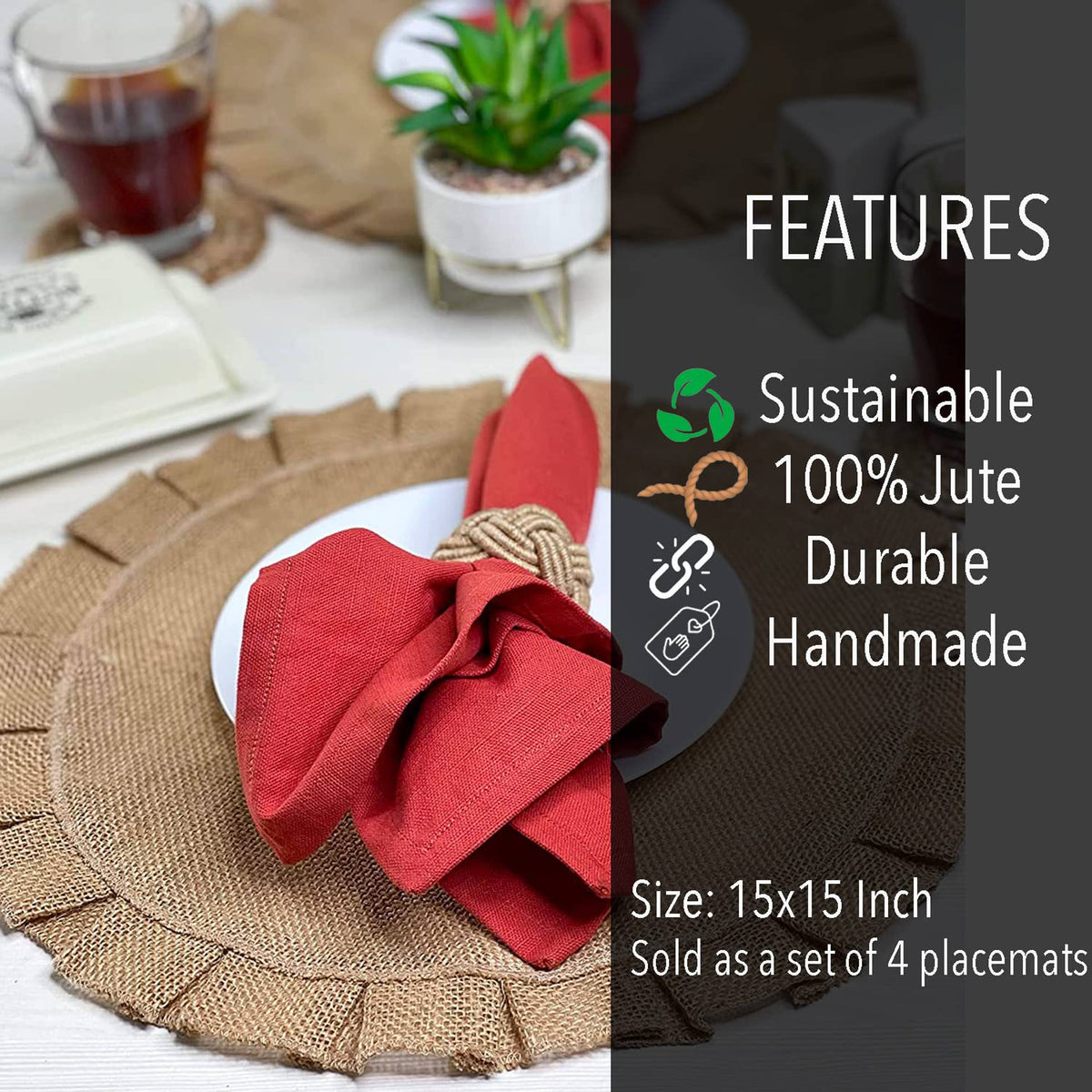 Set of 4 Burlap Round Placemats, 15 Inch