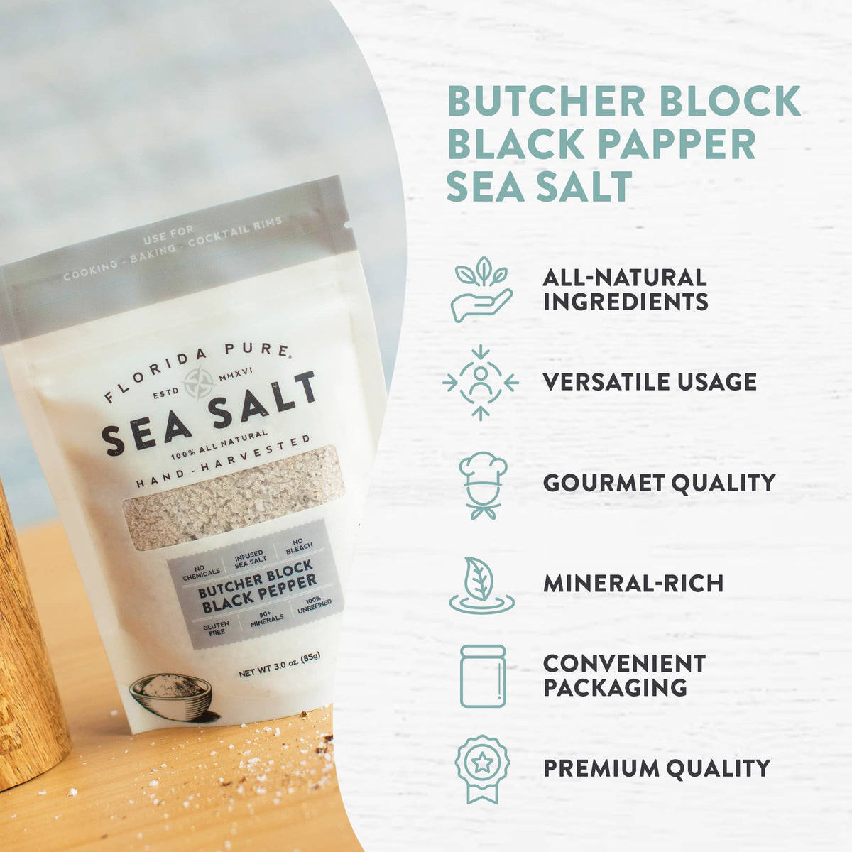 Black Pepper Sea Salt Pouch (Flaked Sea Salt)- 3oz.- NEW