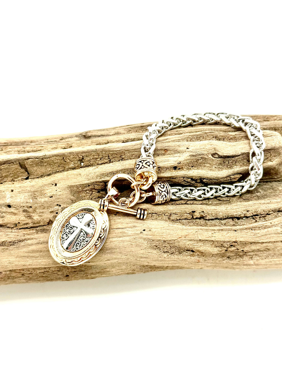 Bracelet Alloy Plated Silver Chain w/Gold Cross Locket 7”