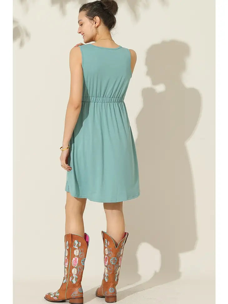 Teal Sleeveless Button Pocket Slim Waist Dress