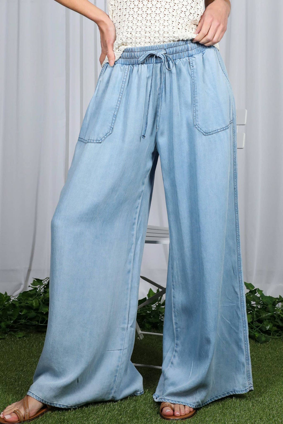 Wide Leg High Waist 100%Tencel Chambray Denim Pants VP83019