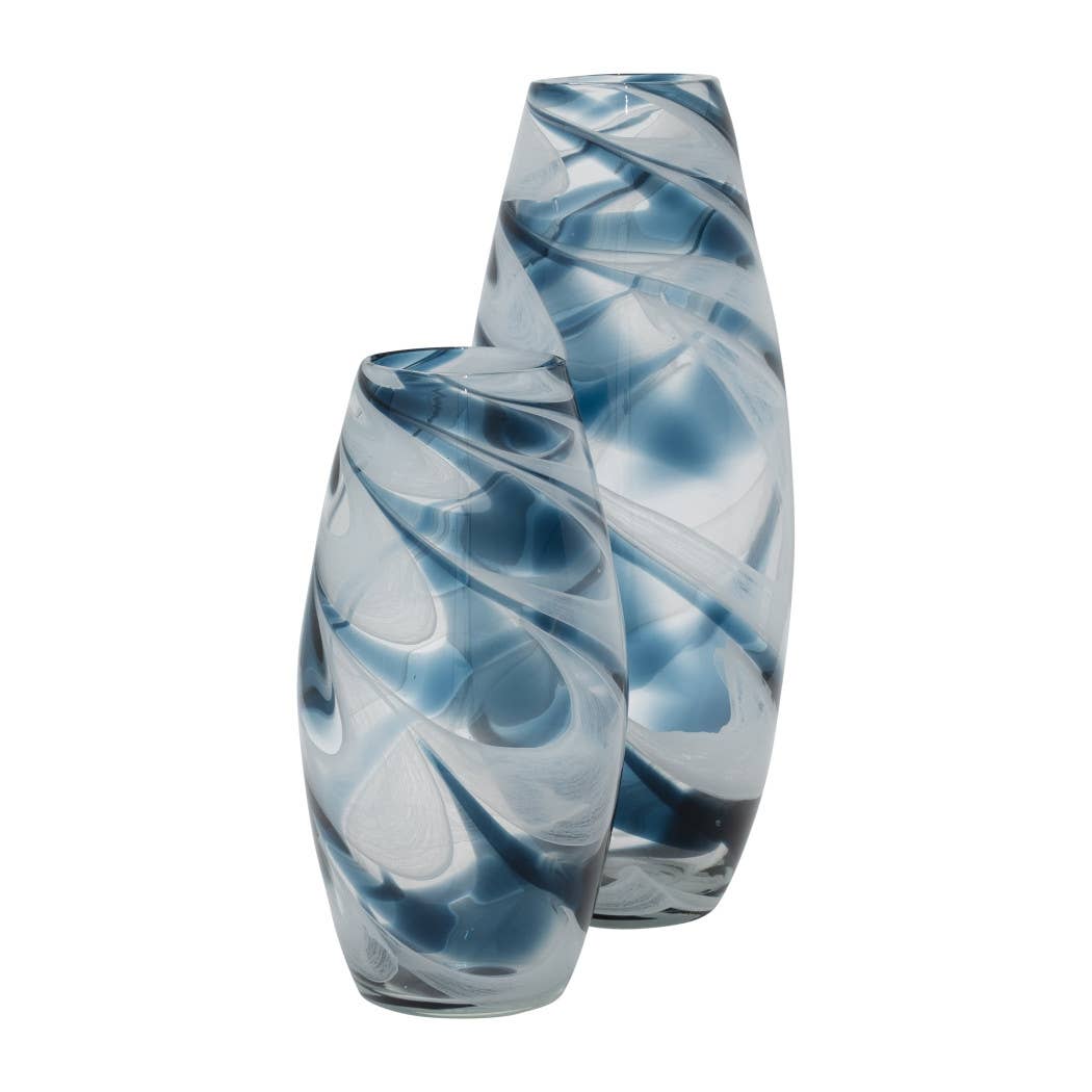 Glass Hand Blown Coastal Swirl Vase - Blue, 12 in.