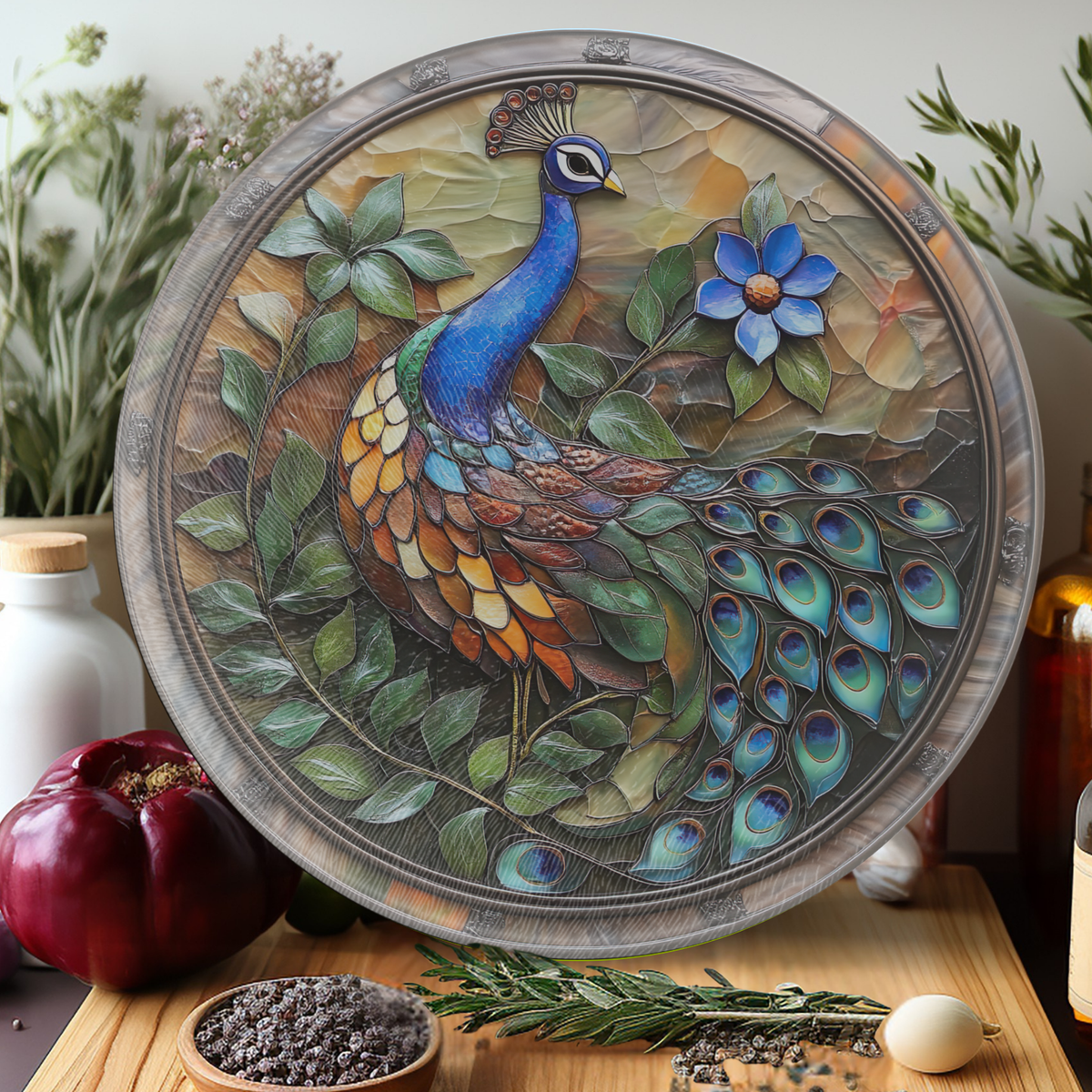Tempered Glass Charcuterie Tray: Peacock Cutting Board