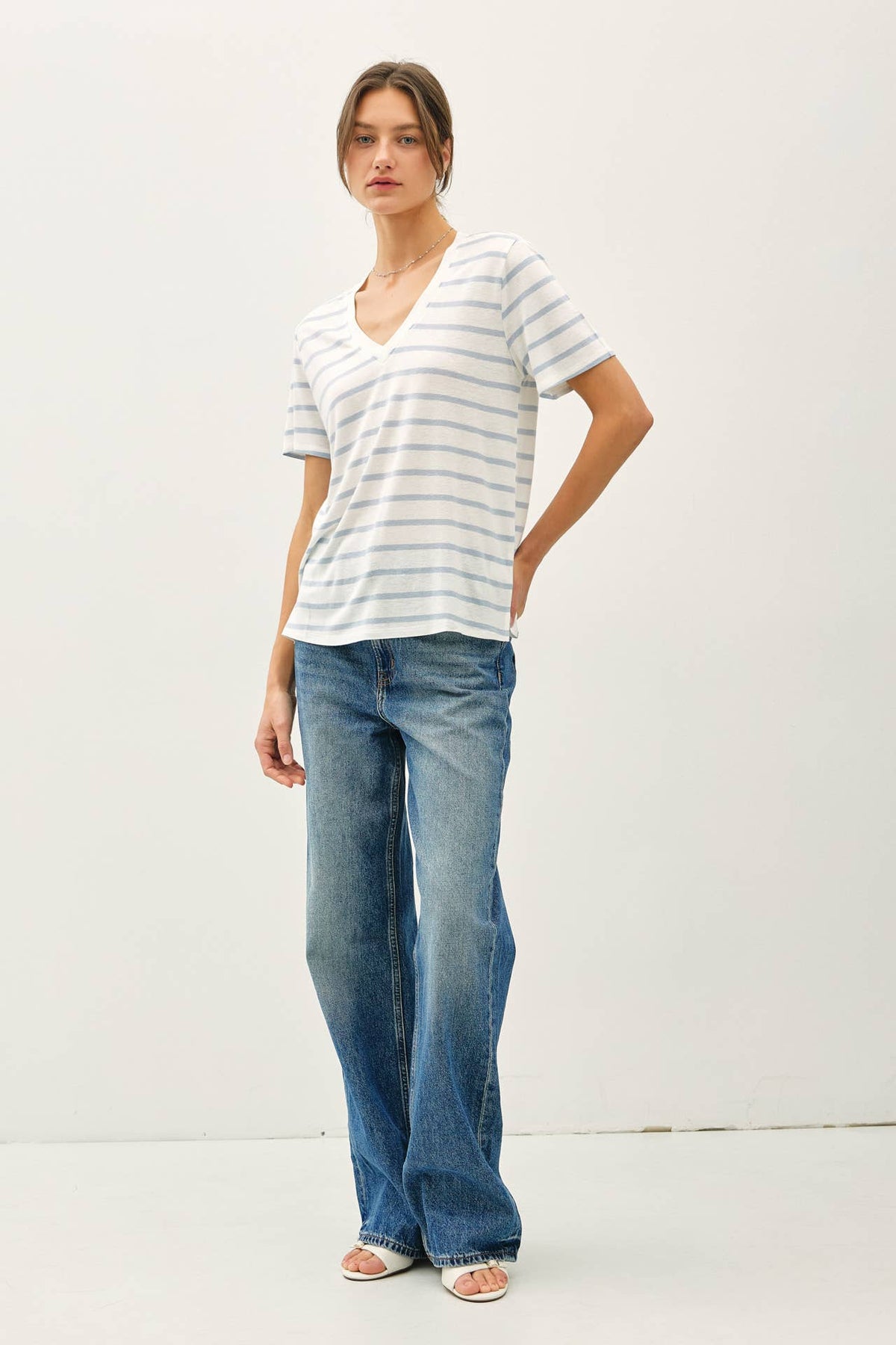 COTTON LINEN BLEND RELAXED FIT STRIPED T-SHIRT