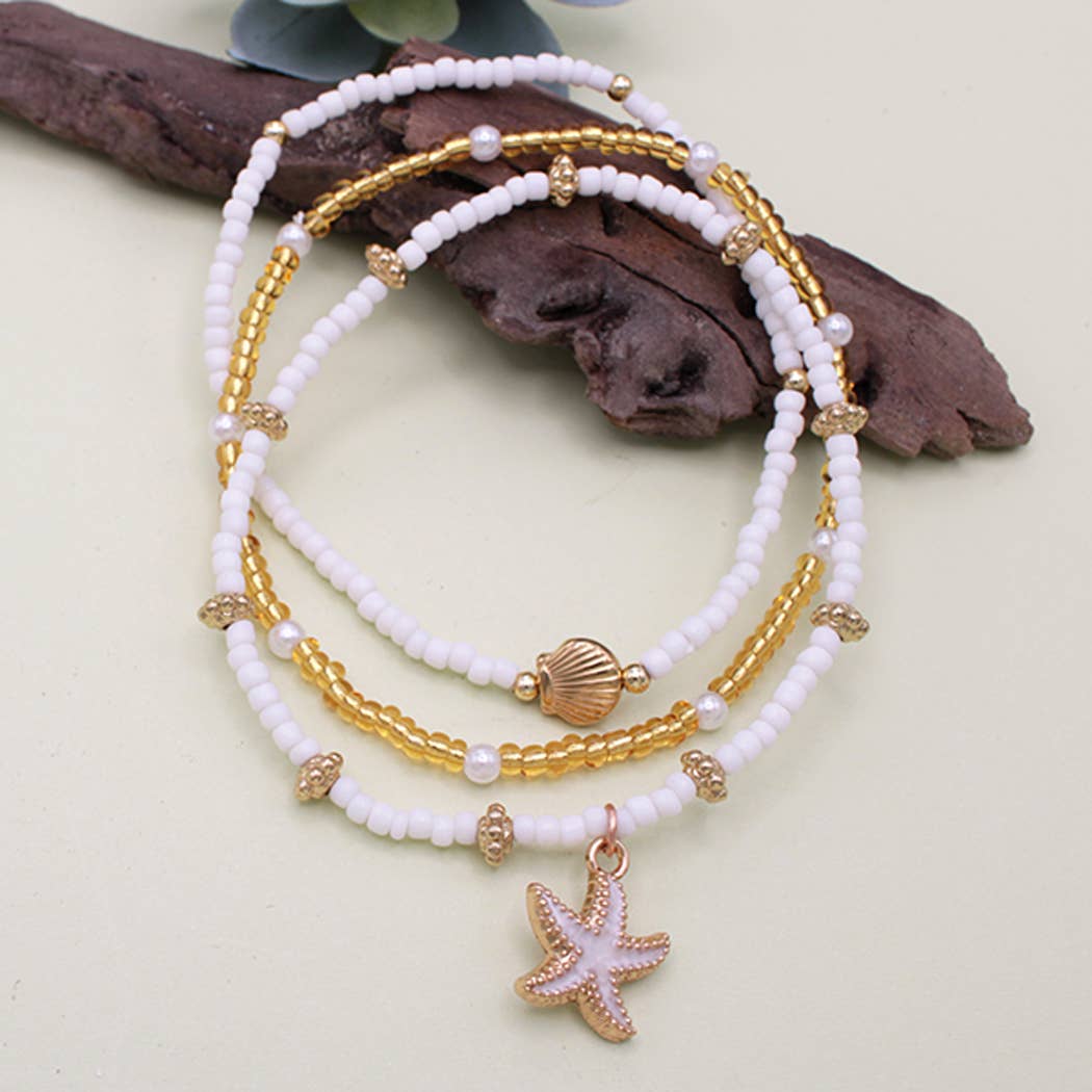 Sandy Beach Starfish Charm Bead Anklet Set