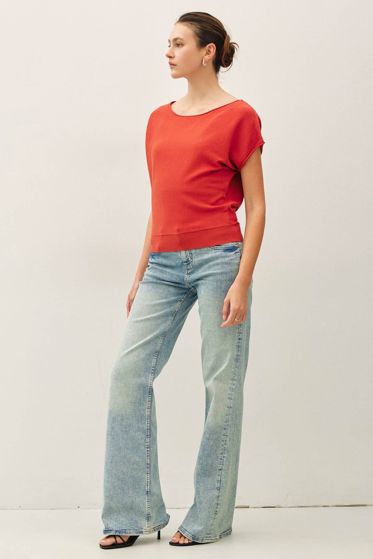 BOAT NECK CAP SLEEVE FINE SWEATER TOP