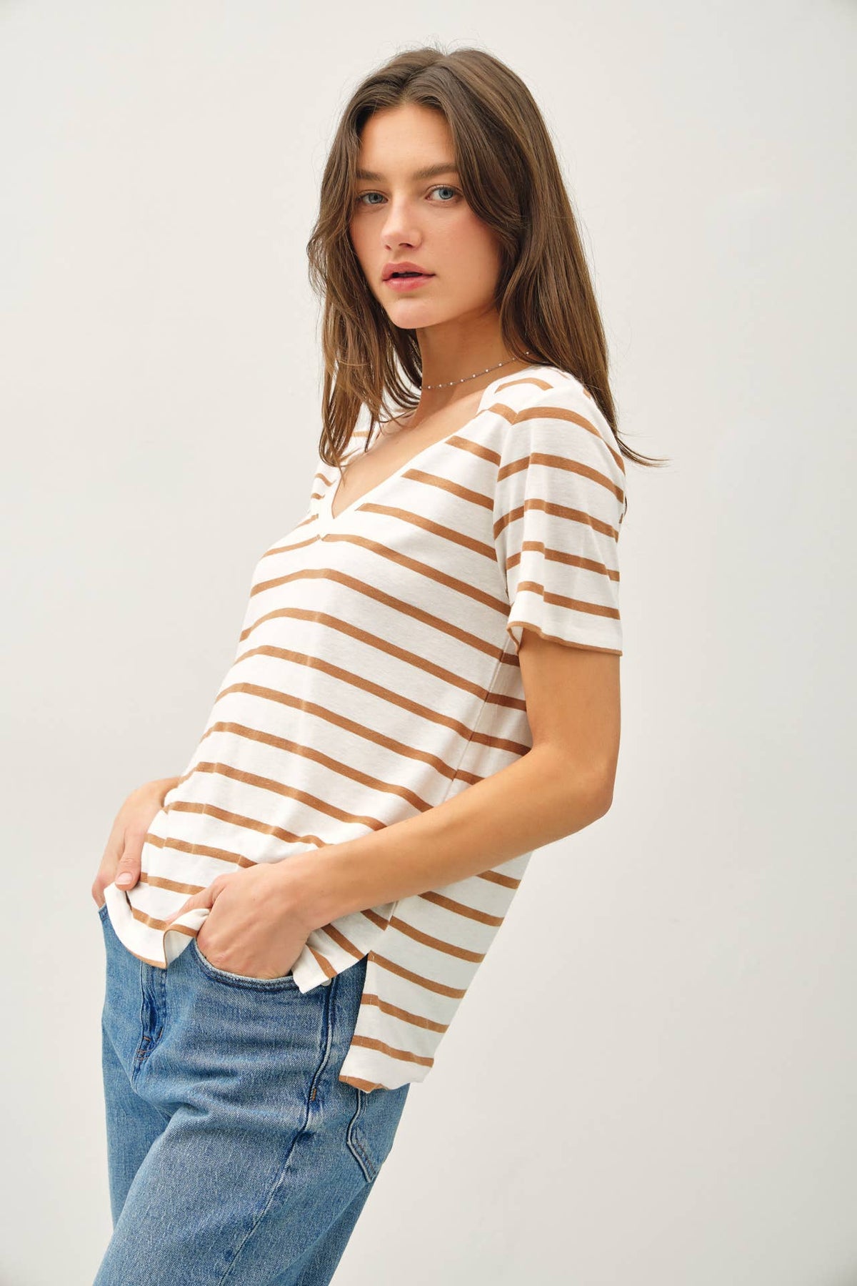 COTTON LINEN BLEND RELAXED FIT STRIPED T-SHIRT