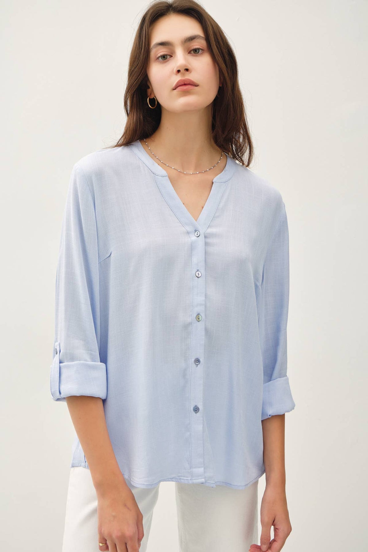 V-NECK MANDARIN COLLAR BUTTON DOWN SHIRT