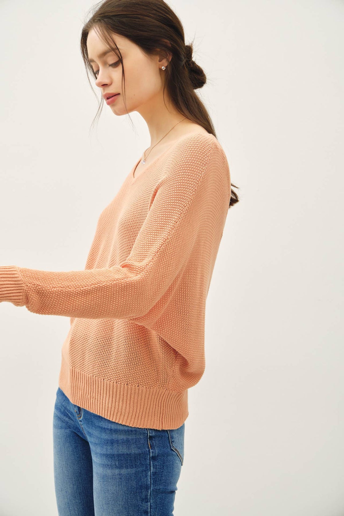 DOUBLE V-NECK BACK BUTTON  DOWN SWEATER