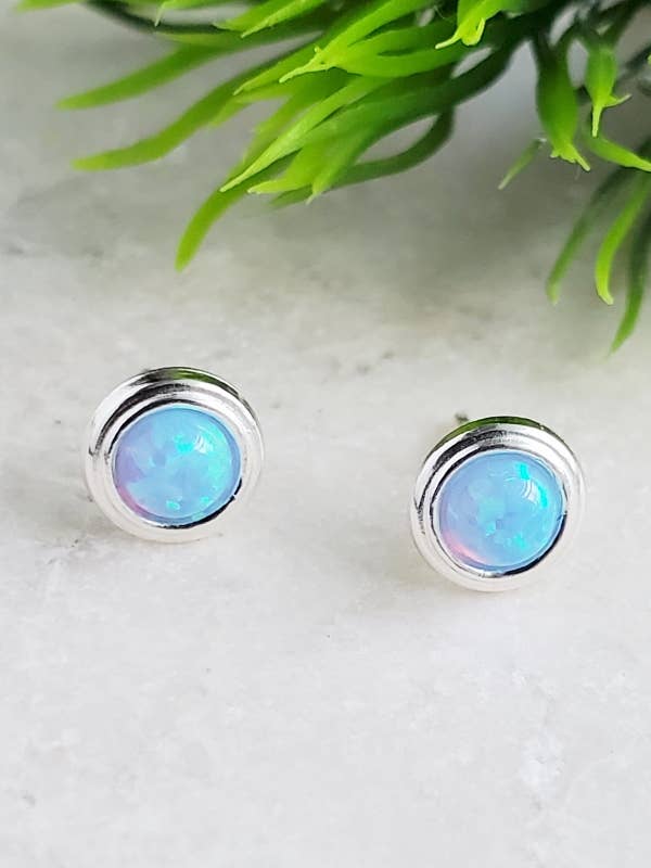 Silver Fire Opal Bezel Studs - Azure Blue