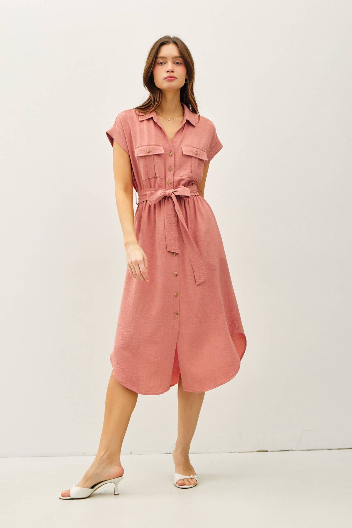 BUTTON UP SHORT SLEEVE MIDI DRESS W TIE