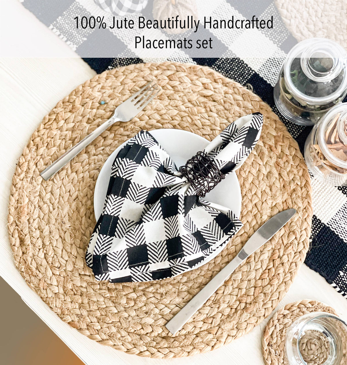 Natural Jute Hand Braided Round Placemats, Set of 4, 15 Inch