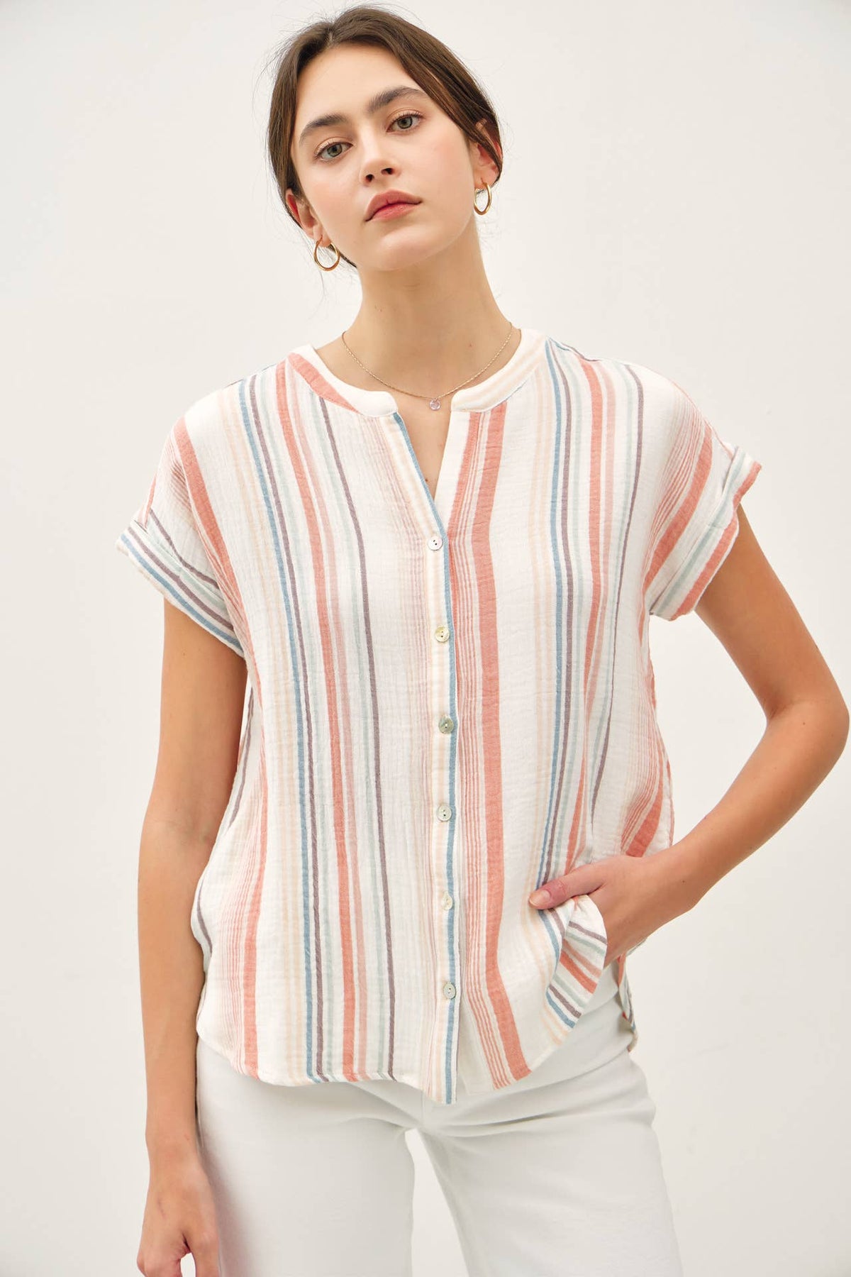 STRIPED, GAUZY BUTTON UP CAP SLEEVE TOP