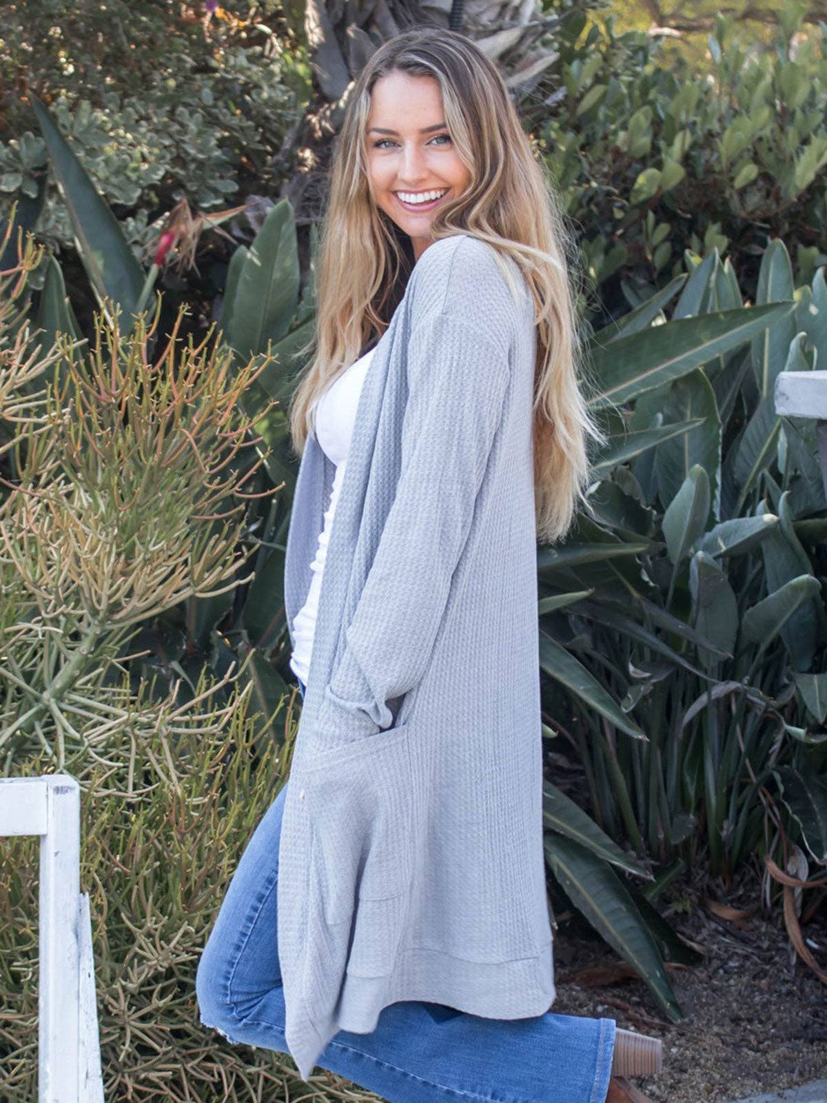 Waffle Knit Pocket Scarlet Cardigan | S-3X